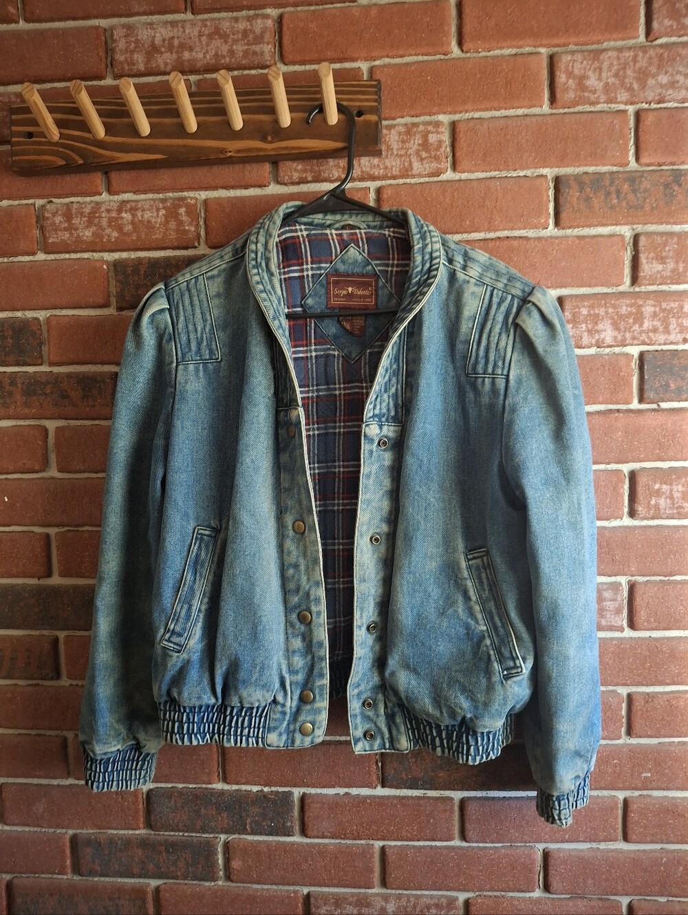 Sergio Valente Light Blue Denim Bomber Jacket with Plaid Lining